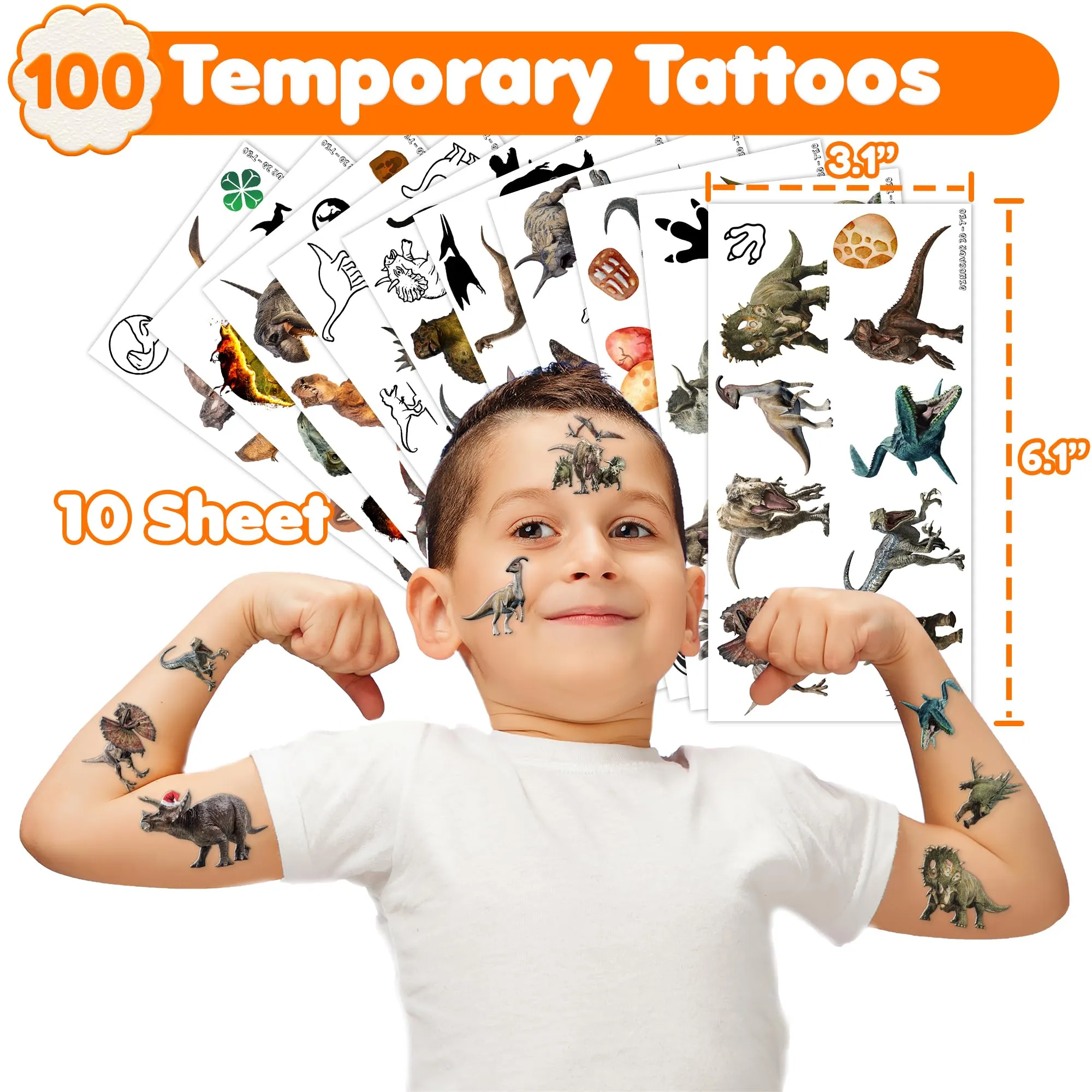 100PCS Dinosaur Temporary Tattoos Birthday Party Supplies Decorations 10 Sheet 3D Tattoos Stickers Super Cute Party Favors Kids Boys Girls Gifts Ideas Classroom School Prizes Themed Baby Showers