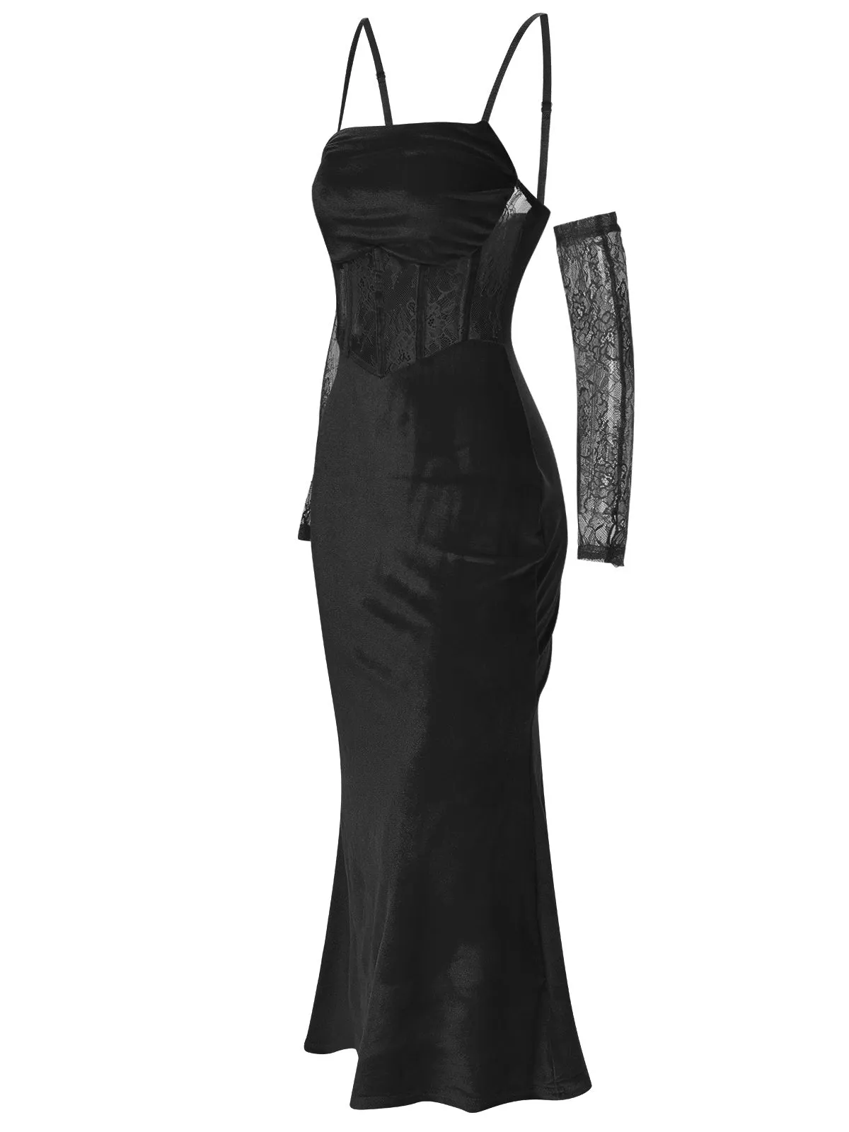 1930s Solid Lace Patchwork Velvet Fishtail Dress