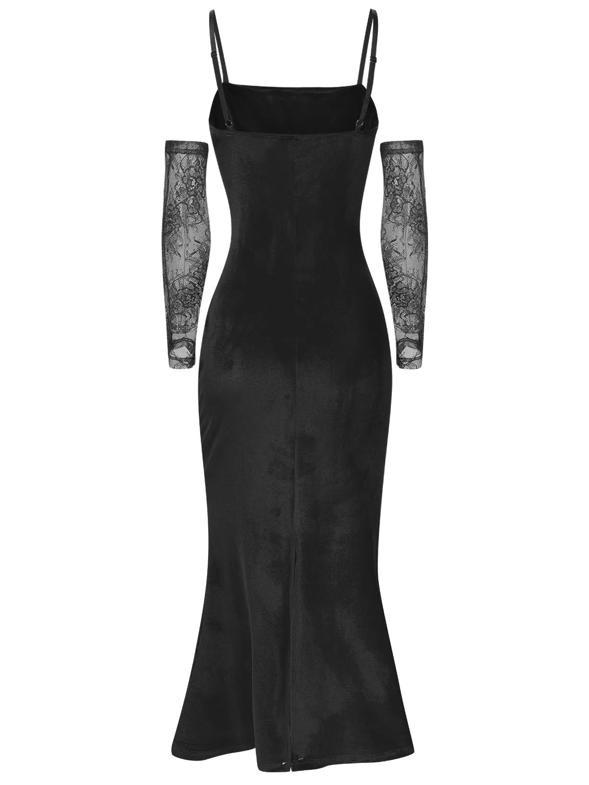 1930s Solid Lace Patchwork Velvet Fishtail Dress