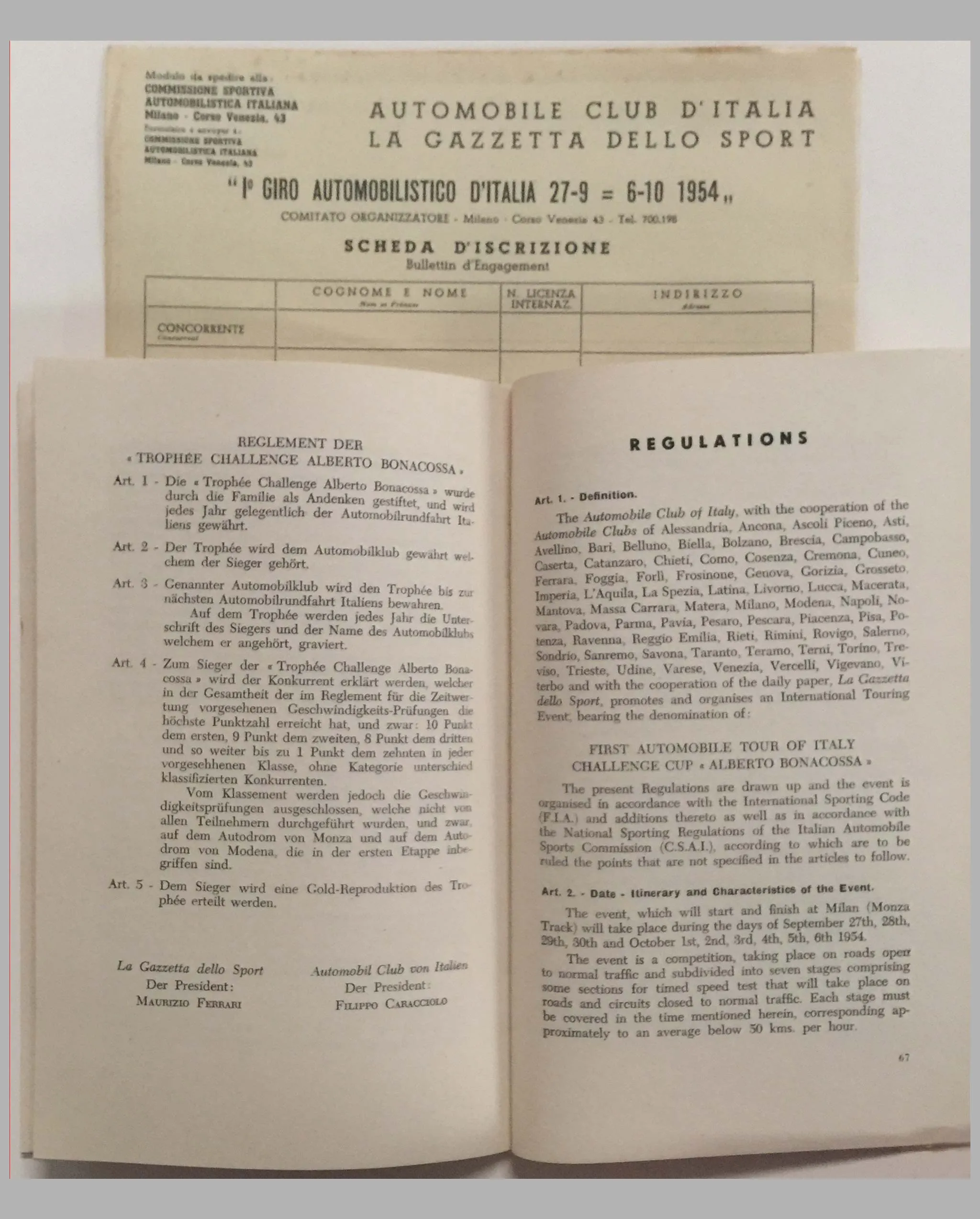 1954 First Giro Automobilistico d'Italia rule book