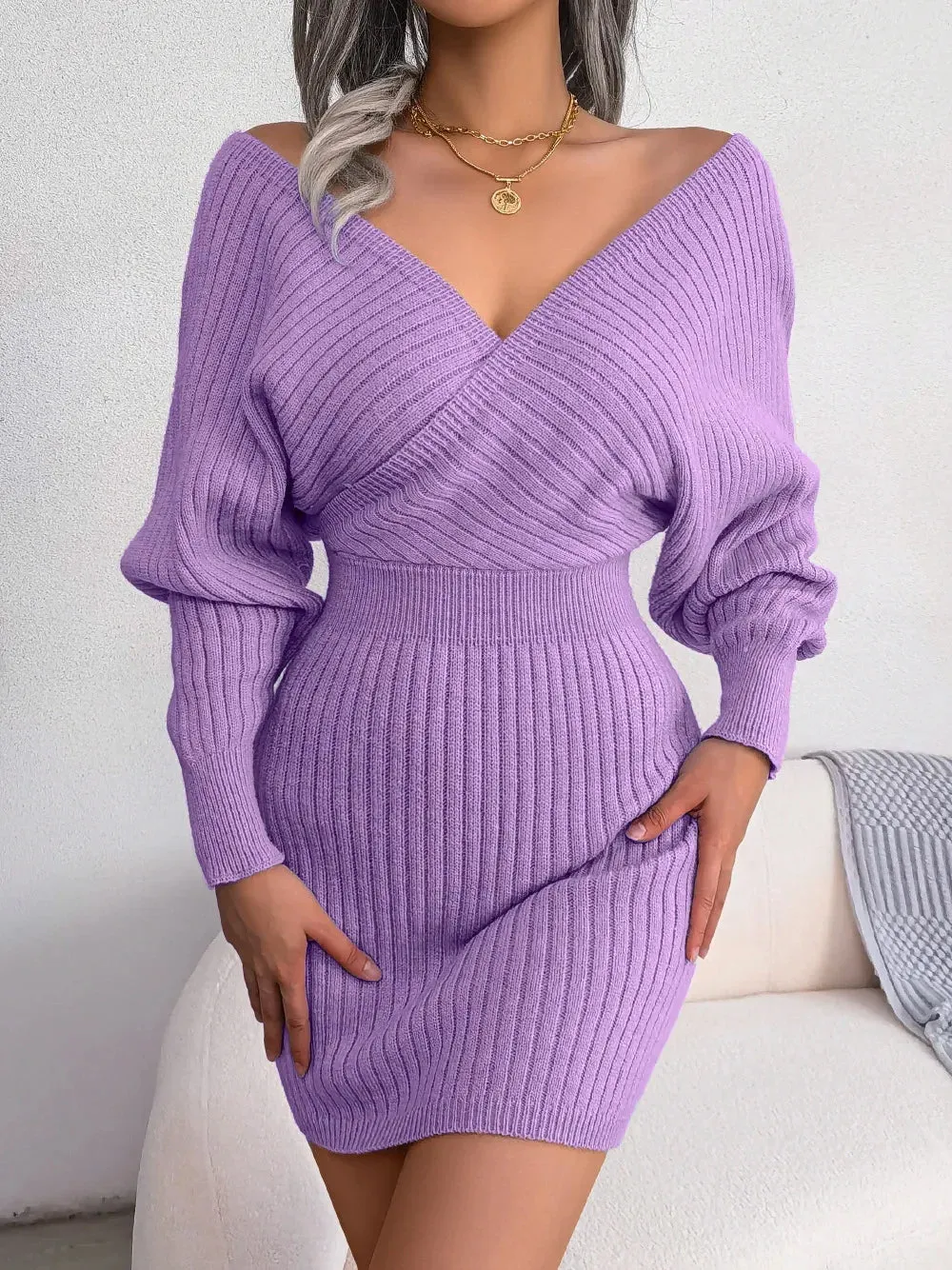 2024 New Spring Bodycon Sweater Casual Long Sleeve Knitted White Green Blue Dress