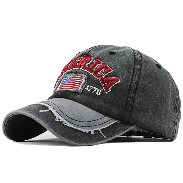 America Flag Vintage 1776 Washed Cotton Snapback Baseball Cap