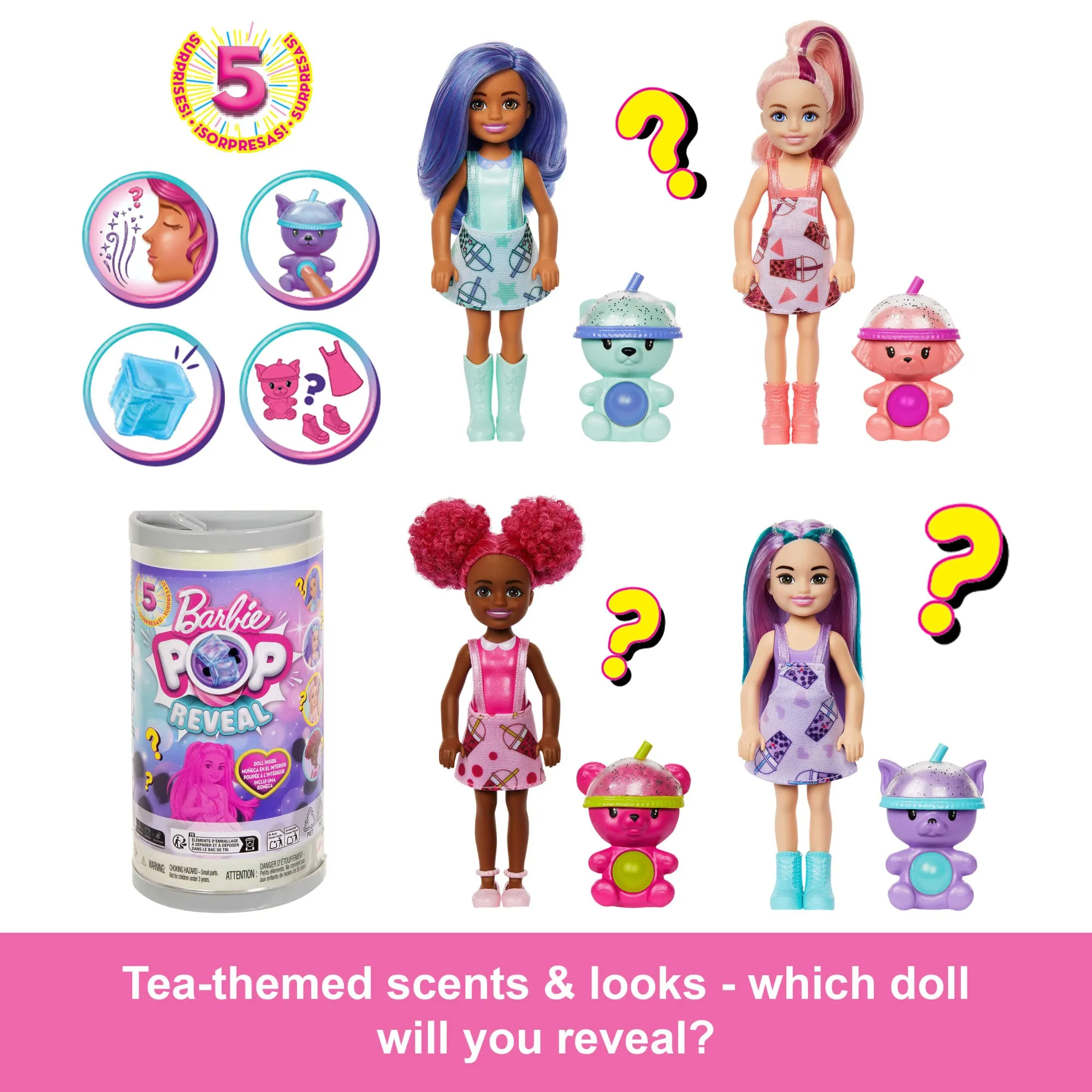 Barbie Chelsea Pop Reveal Bubble Tea Series Doll in Tea Can-inspired Package With 5 Surprises, Scented