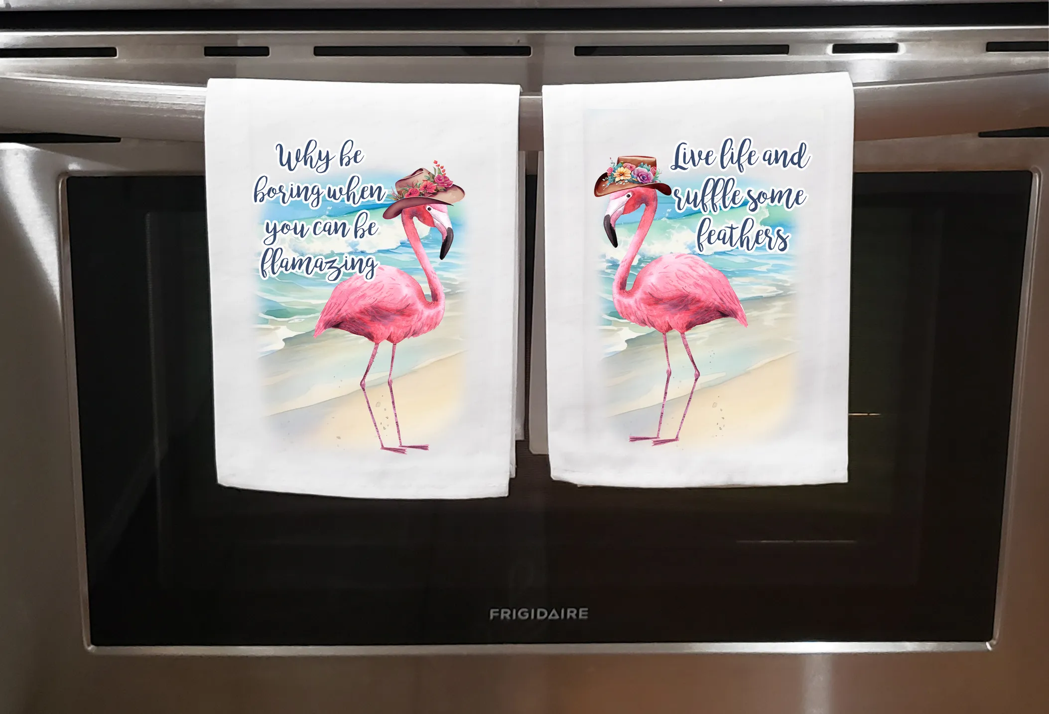 Beach, Dish Towel, Flamingos funny with hats