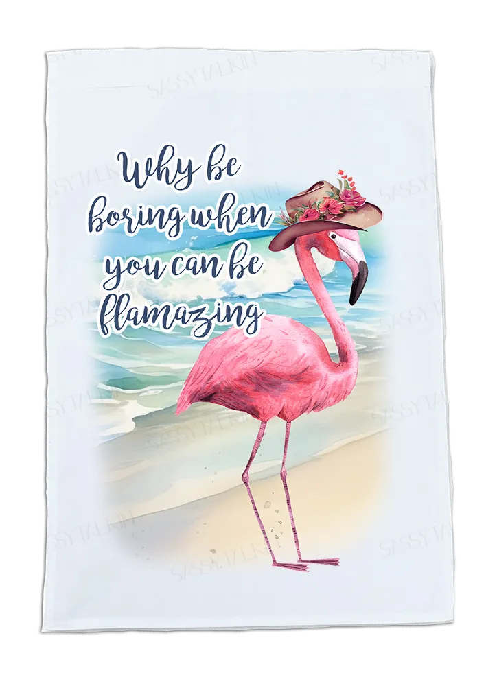 Beach, Dish Towel, Flamingos funny with hats