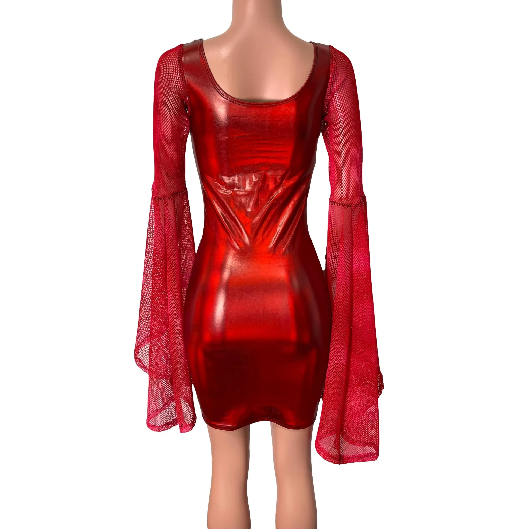 Bell Sleeve Bodycon Dress in Red Holo Spandex w/ Red Fishnet Sleeves