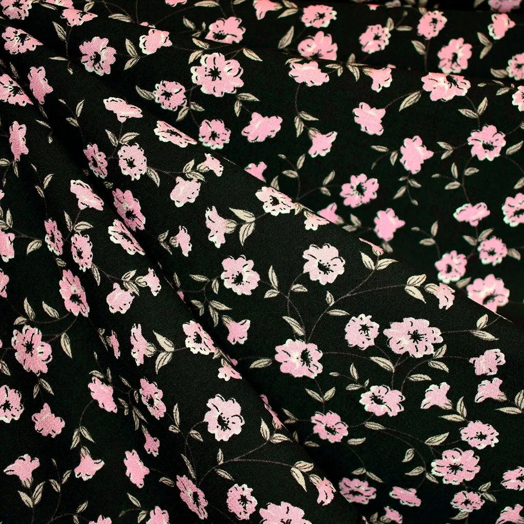 Blooming Vine Floral Rayon Crepe Black/Pink