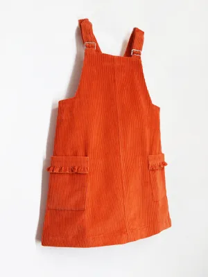 Cherry Crumble Orange Cotton Square neck Patch Pockets with side zipper A-line dungaree dress