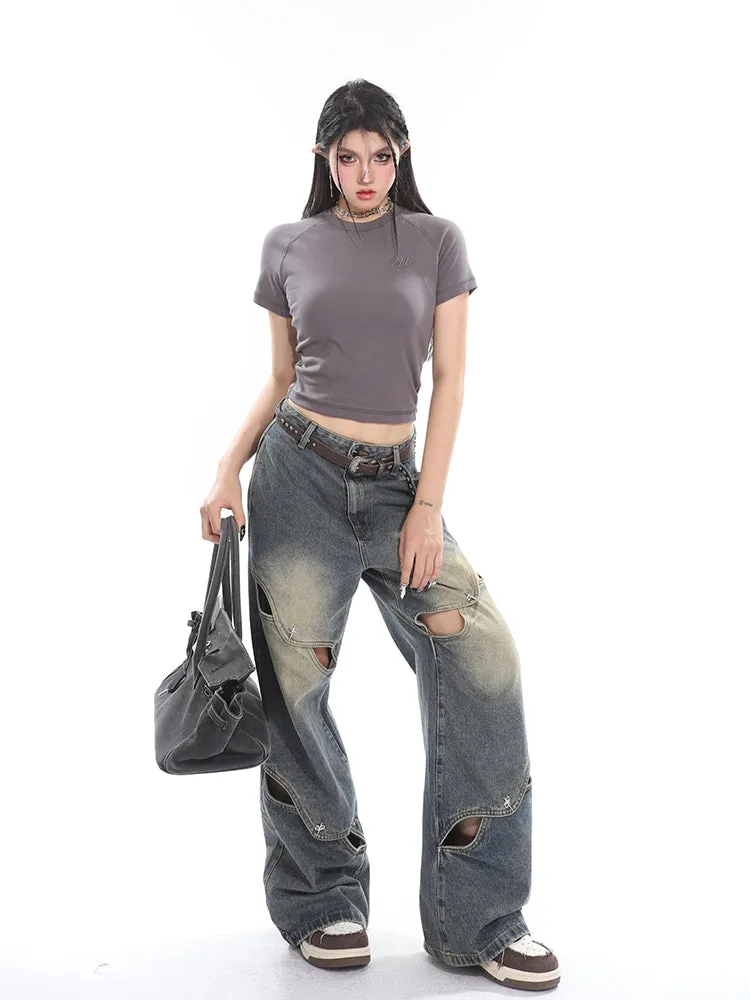 Connor Denim Blue Washed Cut Out Button High Waist Straight Leg Baggy Jeans Pants