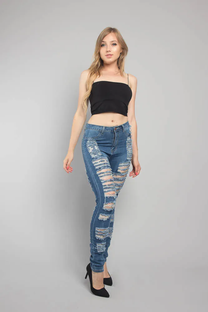 Double Distressed Denim Skinny Jeans