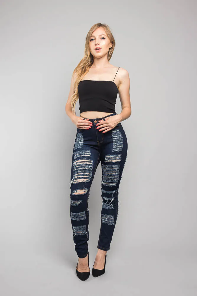 Double Distressed Denim Skinny Jeans