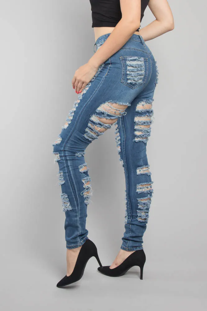 Double Distressed Denim Skinny Jeans