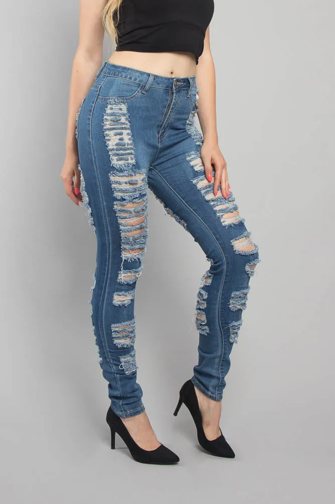 Double Distressed Denim Skinny Jeans