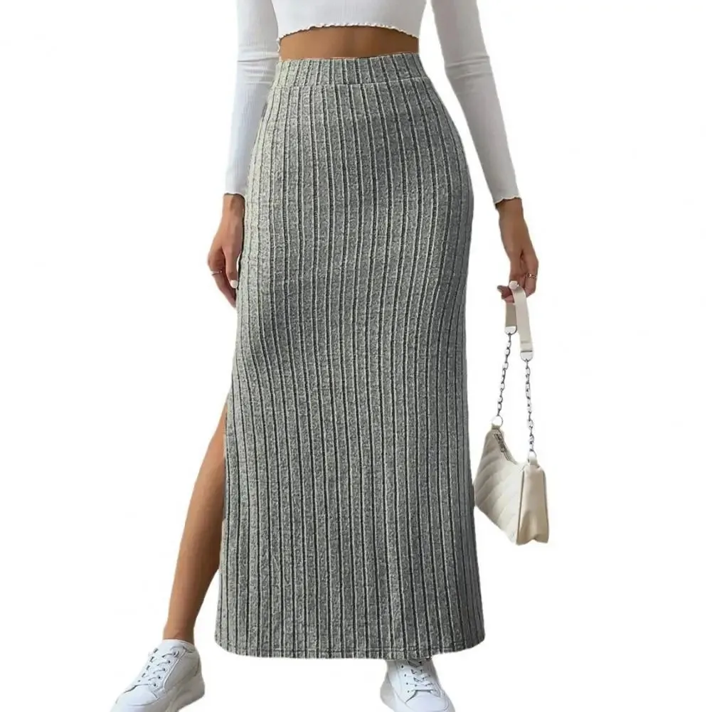 Elegant Maxi Ribbed High Waist Side Slit Slim Skirt