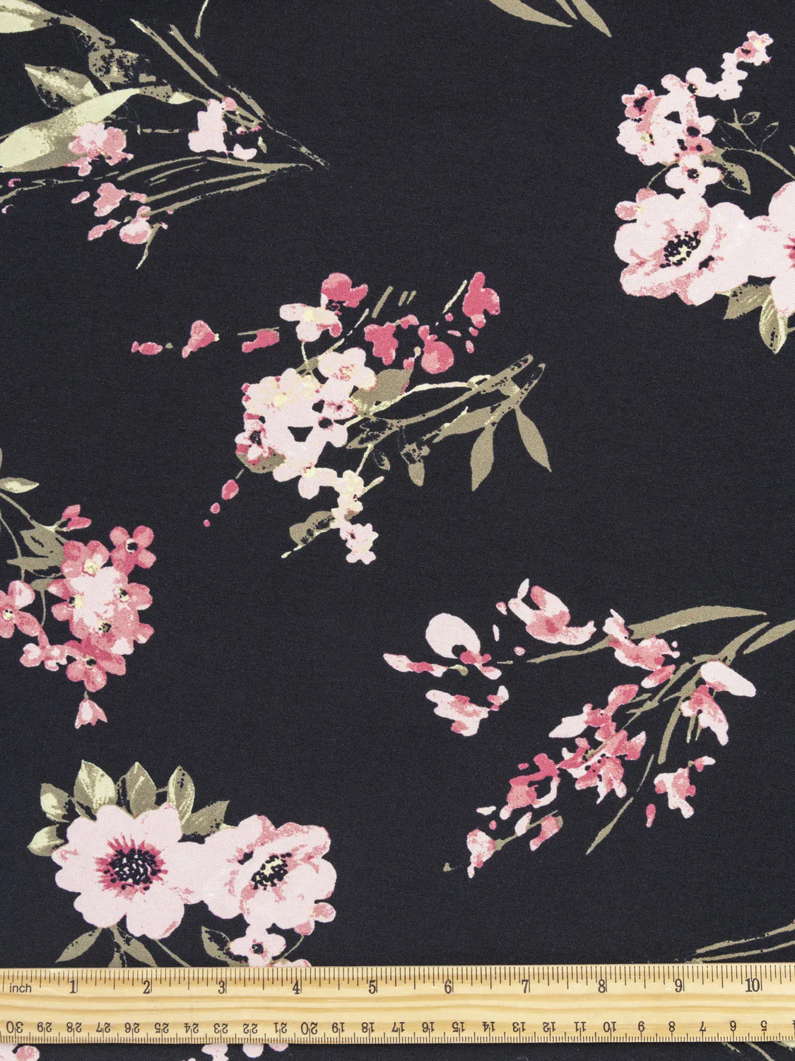 Floral Print Stretch Viscose Twill Deadstock - Rose   Moss   Black - Swatch