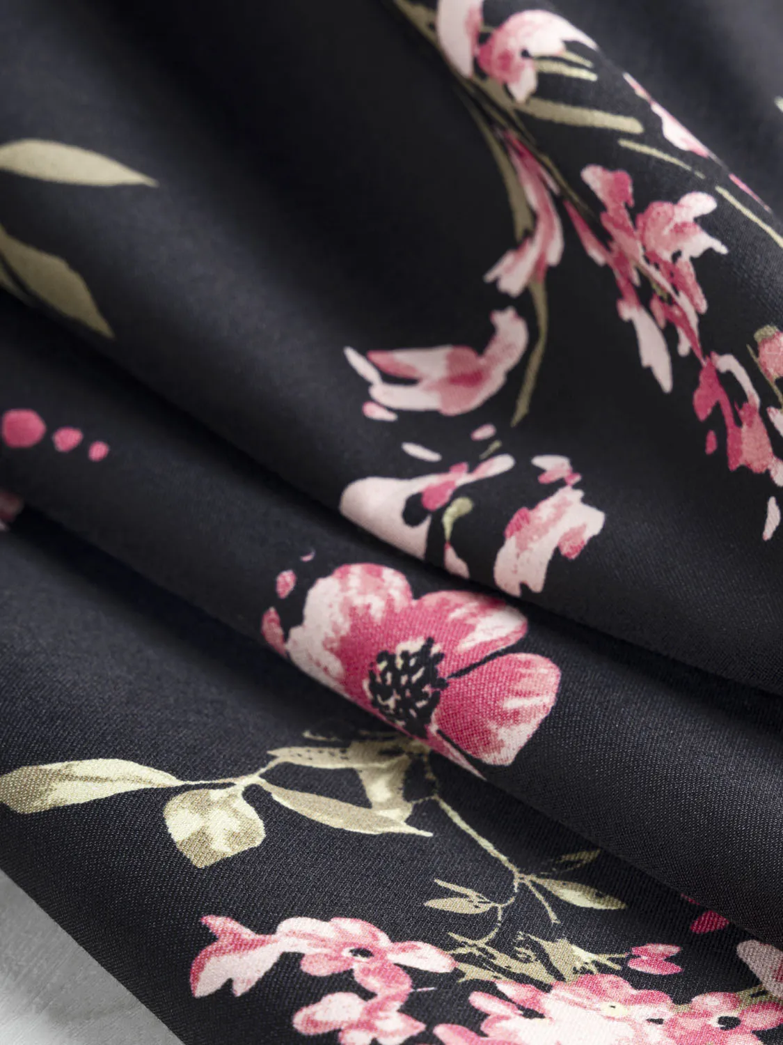 Floral Print Stretch Viscose Twill Deadstock - Rose   Moss   Black - Swatch