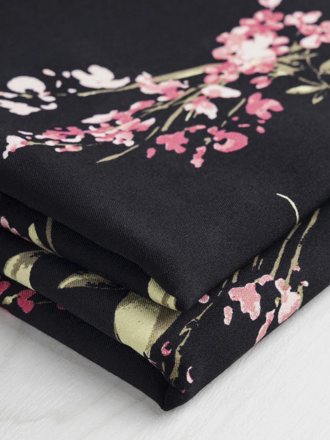 Floral Print Stretch Viscose Twill Deadstock - Rose   Moss   Black - Swatch