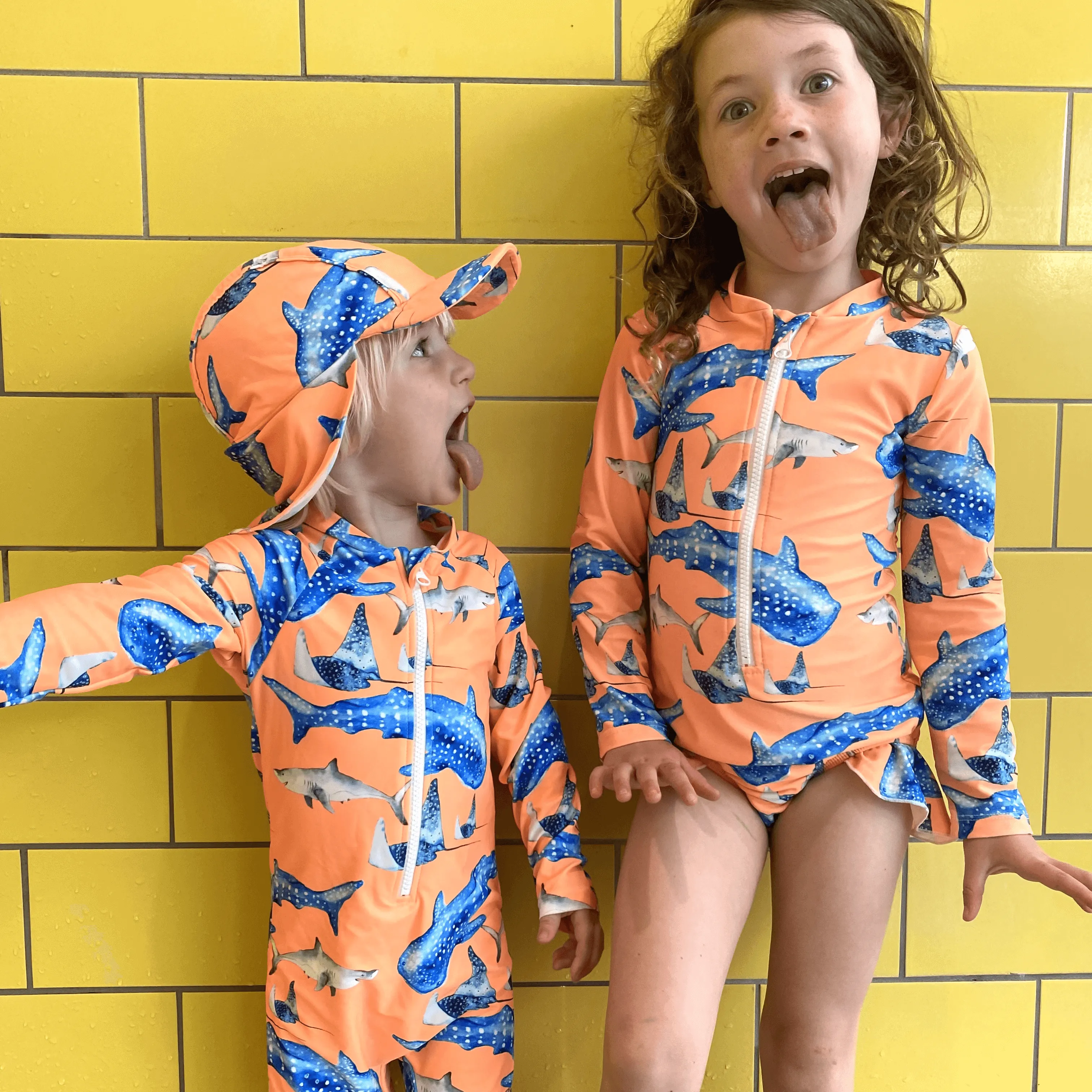 Fluro Orange Sharks Unisex Long Sleeve Zip Swimmers