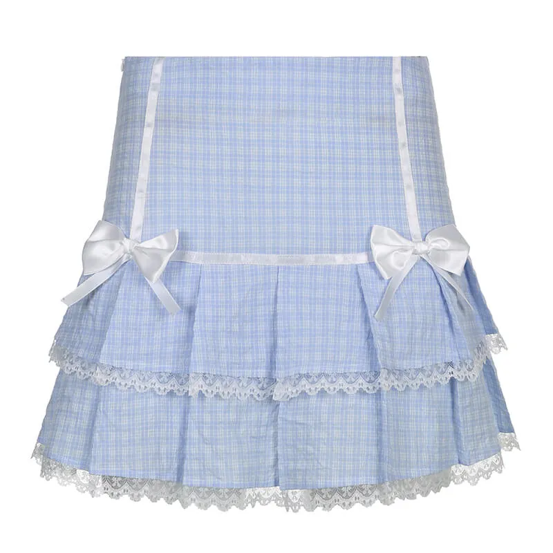 Fresh blue bow lace plaid skirt BY4097