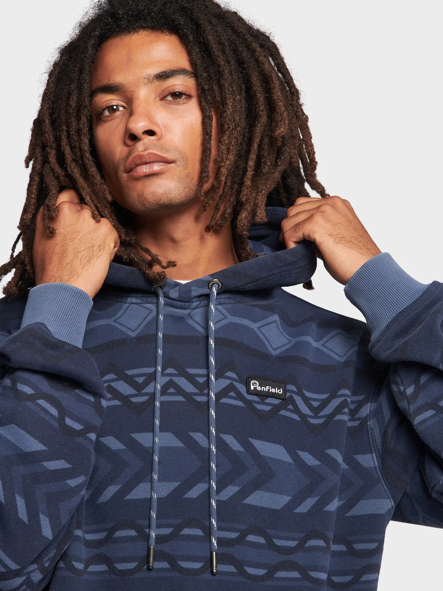 Geo Print Washed Hoodie in Navy Blue