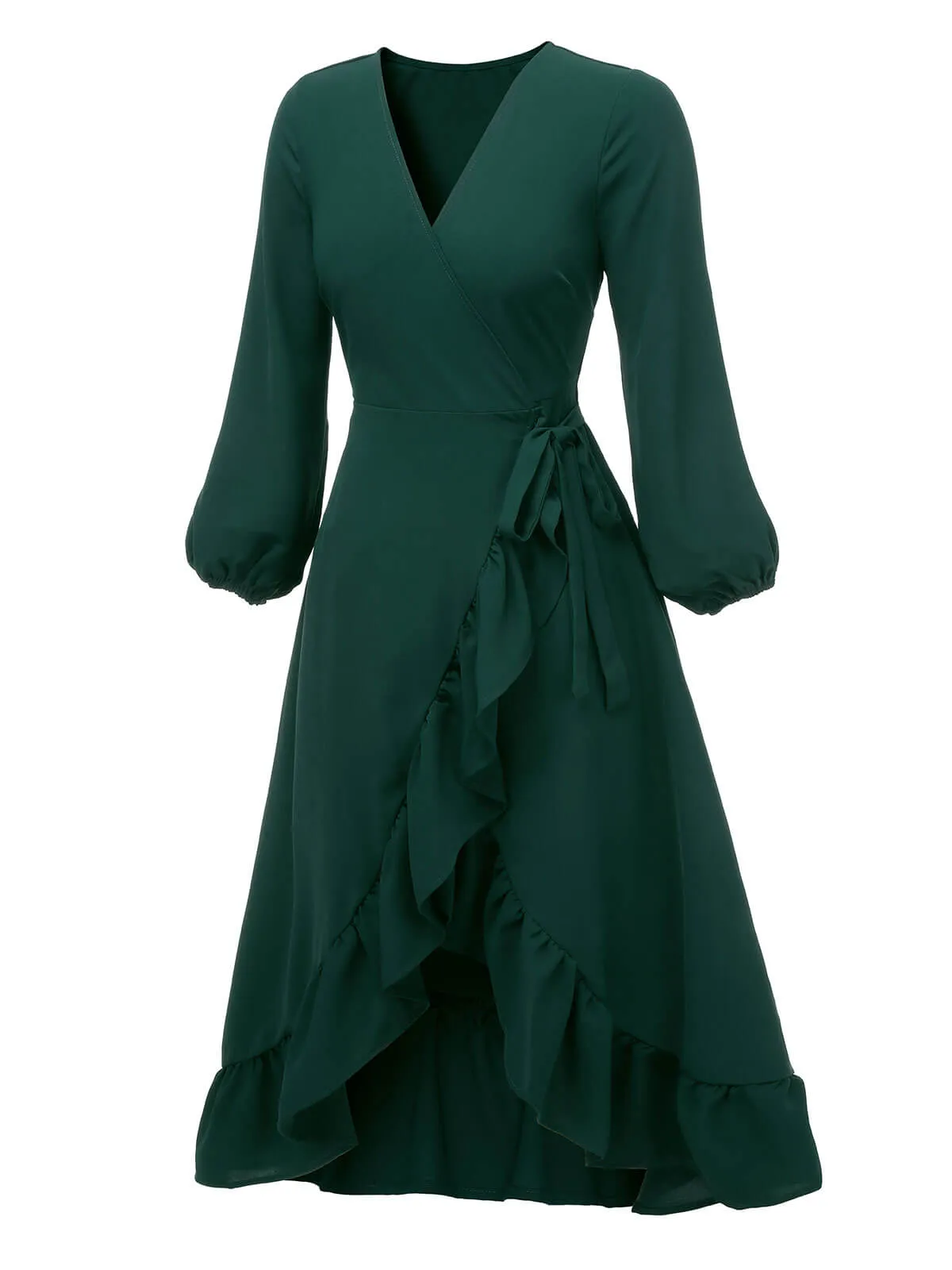 Green 1950s Lantern Sleeve Wrap V-Neck Dress