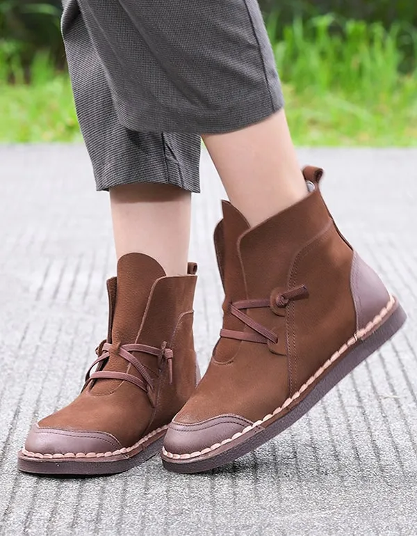 Hand-stitched Retro Leather Lac-up Short Boots