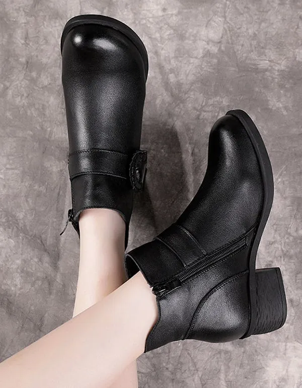 Handmade Buckle Chunky Heel Retro Short Boots