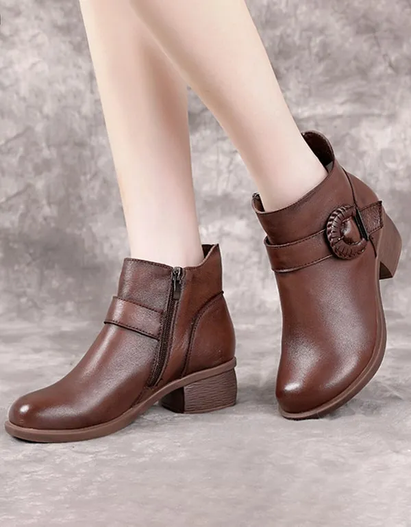 Handmade Buckle Chunky Heel Retro Short Boots