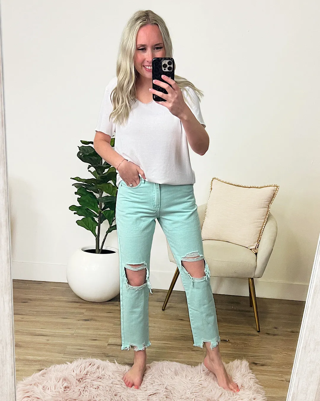 KanCan Amelia Distressed Mom Jeans - Seafoam