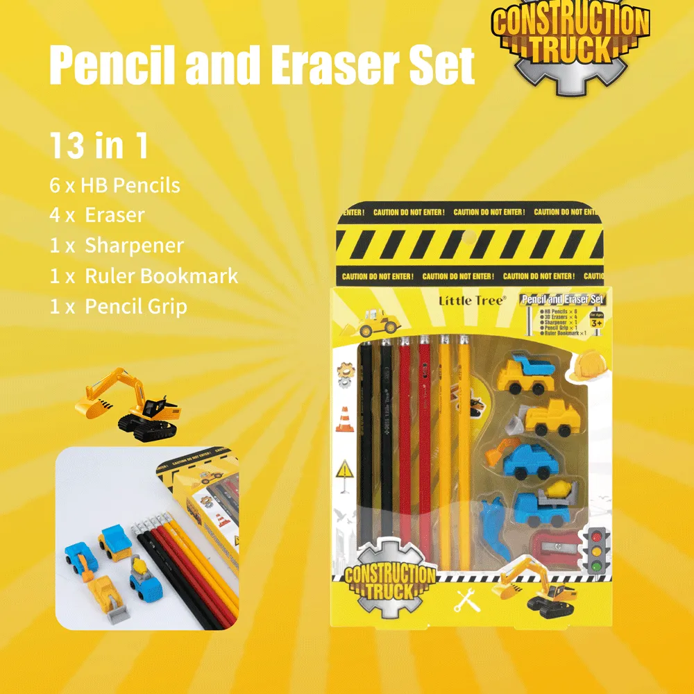 Little Tree Construction Truck Theme Pencil And Eraser Combo Set 13Pcs