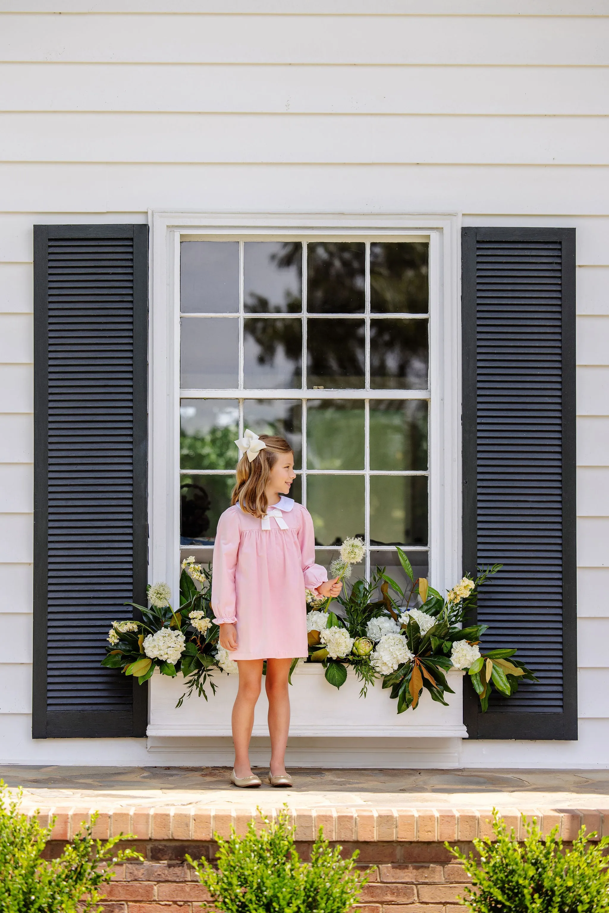 Long Sleeve Banks Bow Dress (Velveteen) - Sandpearl Pink with Palmetto Pearl