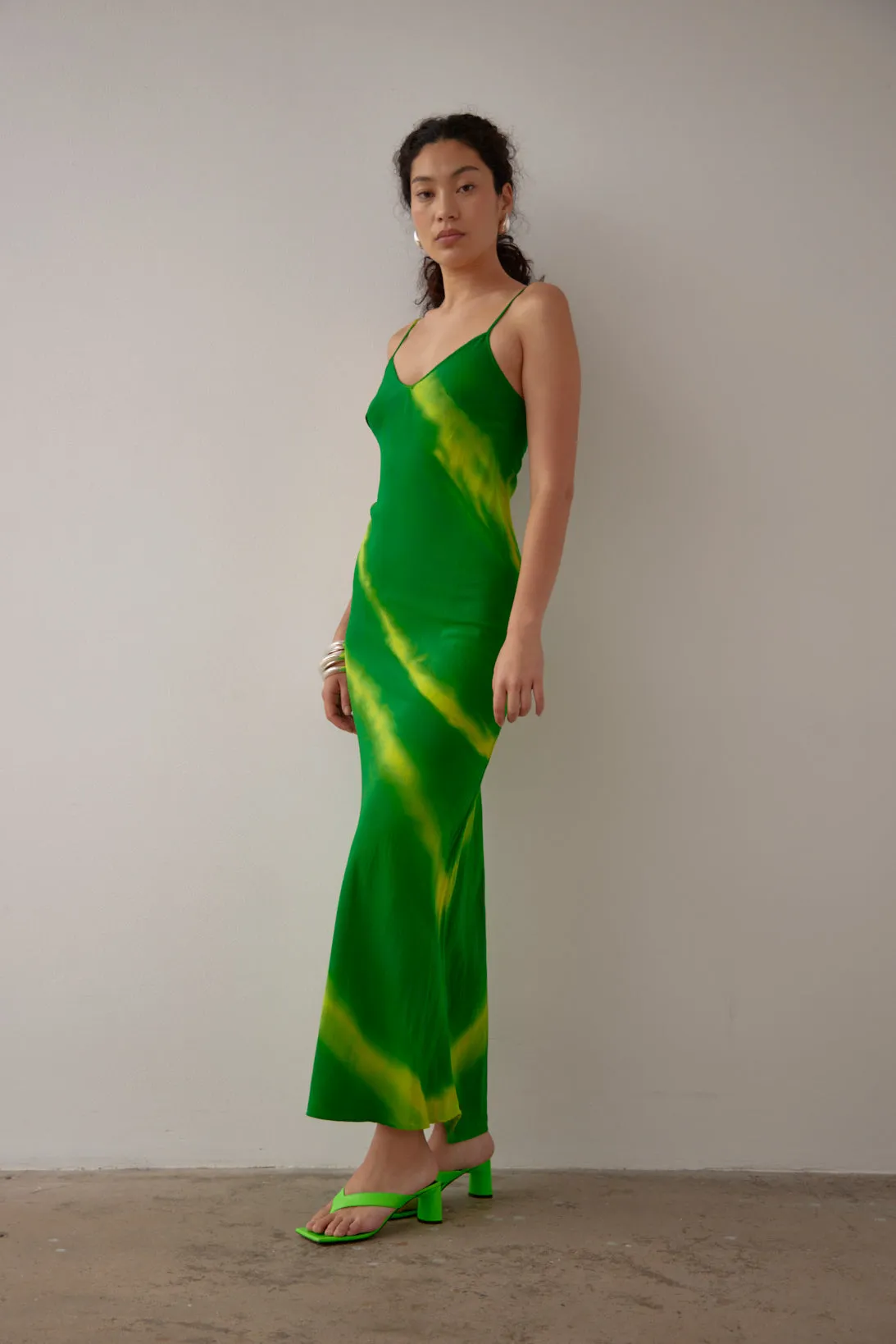 MILKA BIAS CAMI DRESS- GREEN HAND PAINTED SILK SATIN