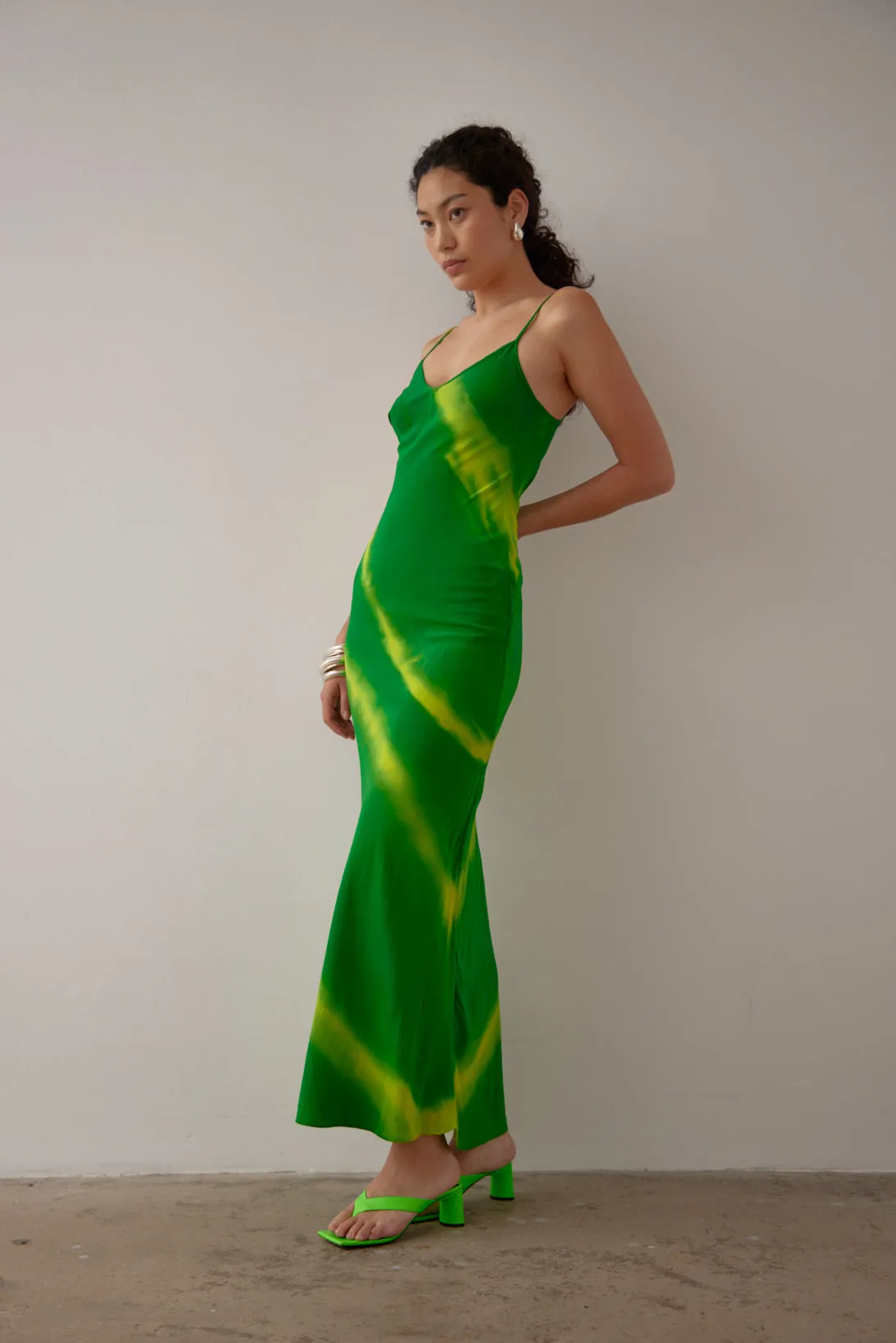 MILKA BIAS CAMI DRESS- GREEN HAND PAINTED SILK SATIN