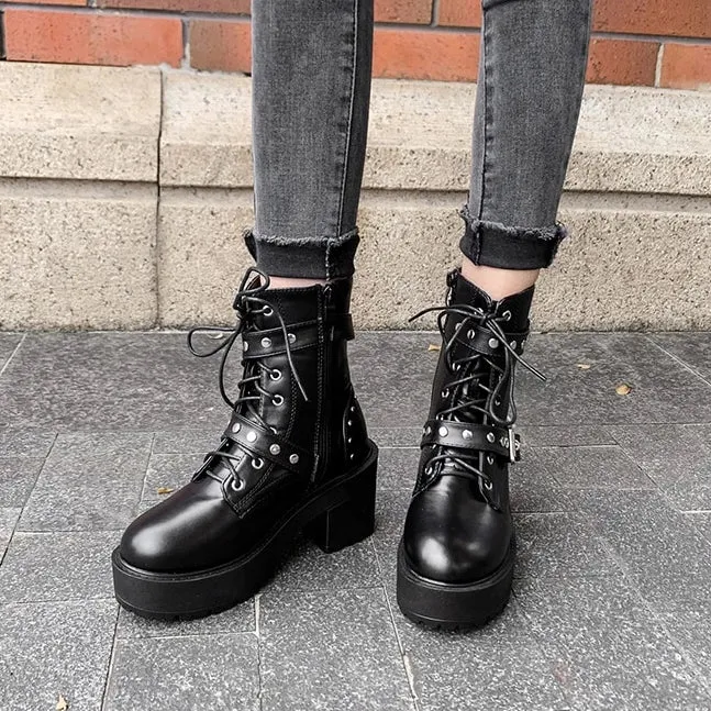 'Night Fall' Black Alt Goth Lace up Stud Buckle Boots