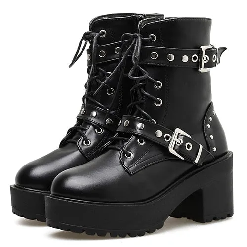 'Night Fall' Black Alt Goth Lace up Stud Buckle Boots