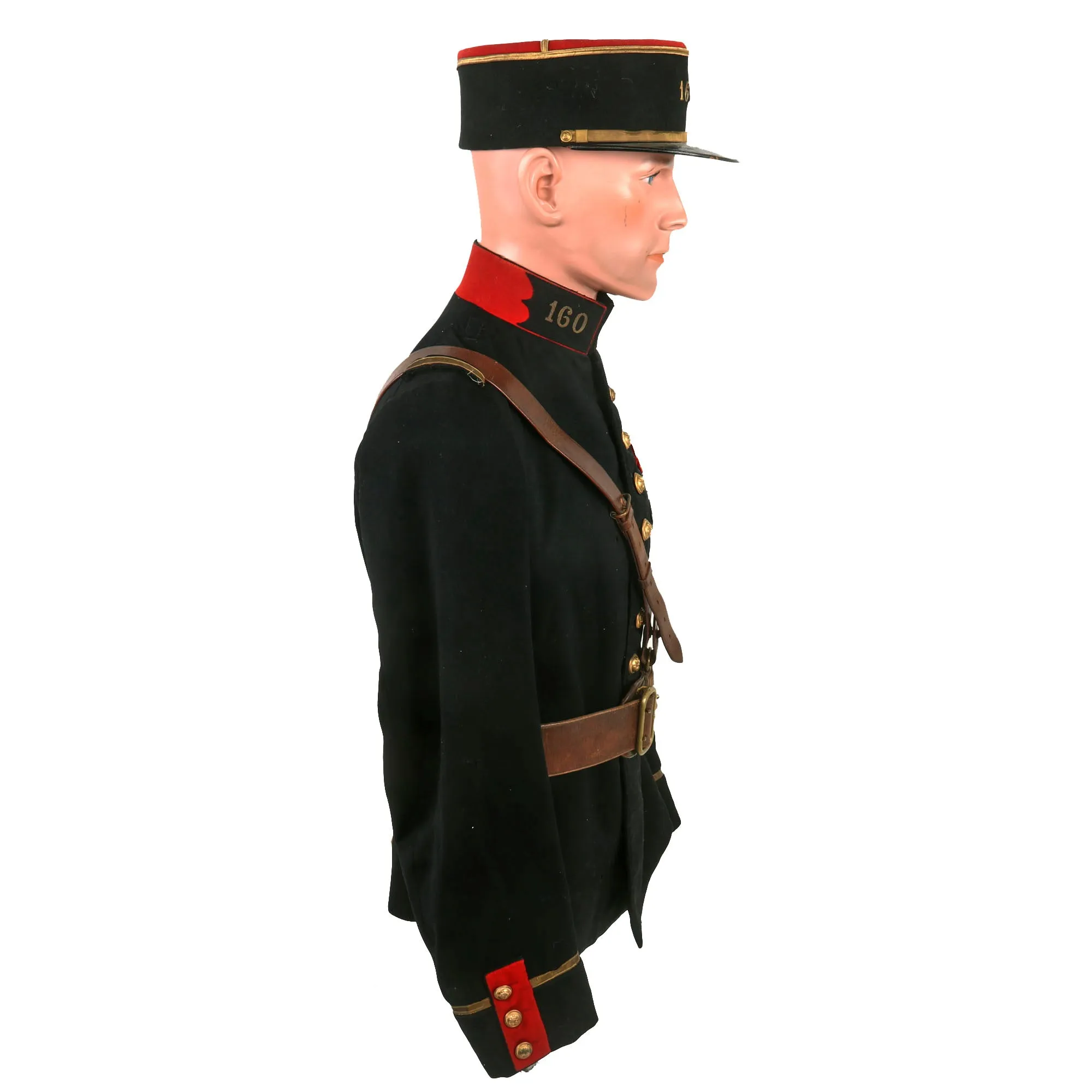 Original French WWI 160th Infantry Regiment Officers Pre-1914 Tunic With Pantalon Rouge (Red Trousers), Kepi, Sam Browne Belt and Leather Gaiters