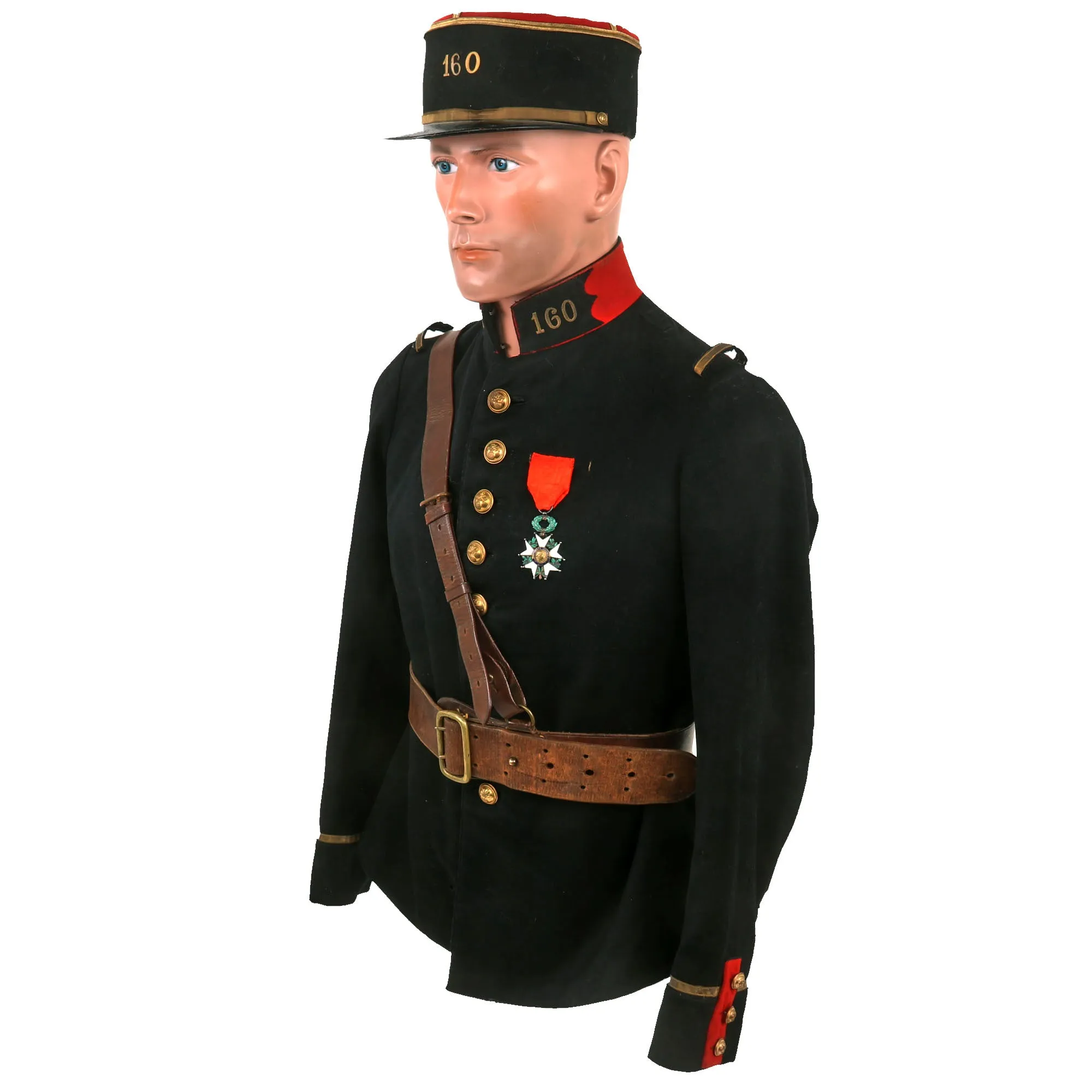 Original French WWI 160th Infantry Regiment Officers Pre-1914 Tunic With Pantalon Rouge (Red Trousers), Kepi, Sam Browne Belt and Leather Gaiters