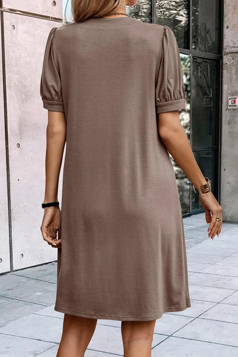 Pleated Puff Sleeve Dress with Notched Neckline