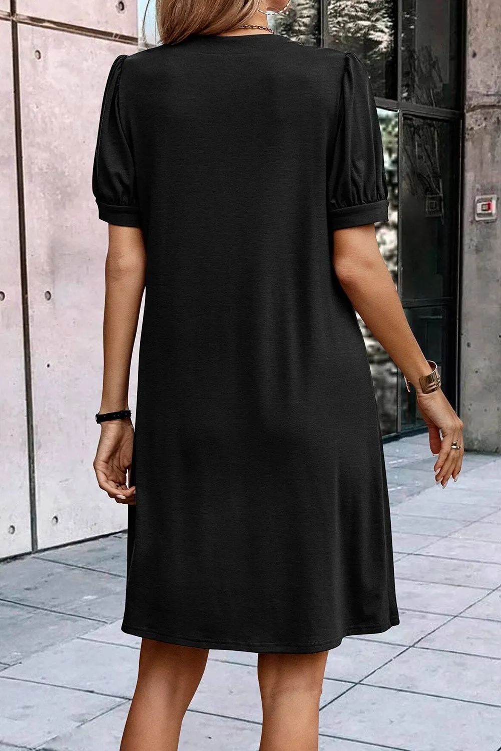 Pleated Puff Sleeve Dress with Notched Neckline