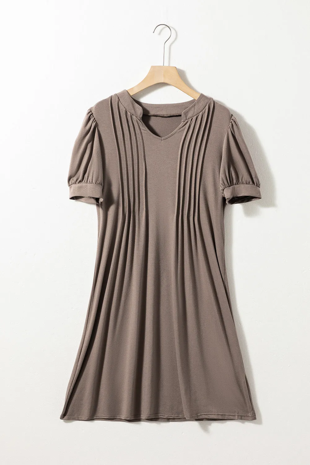 Pleated Puff Sleeve Dress with Notched Neckline