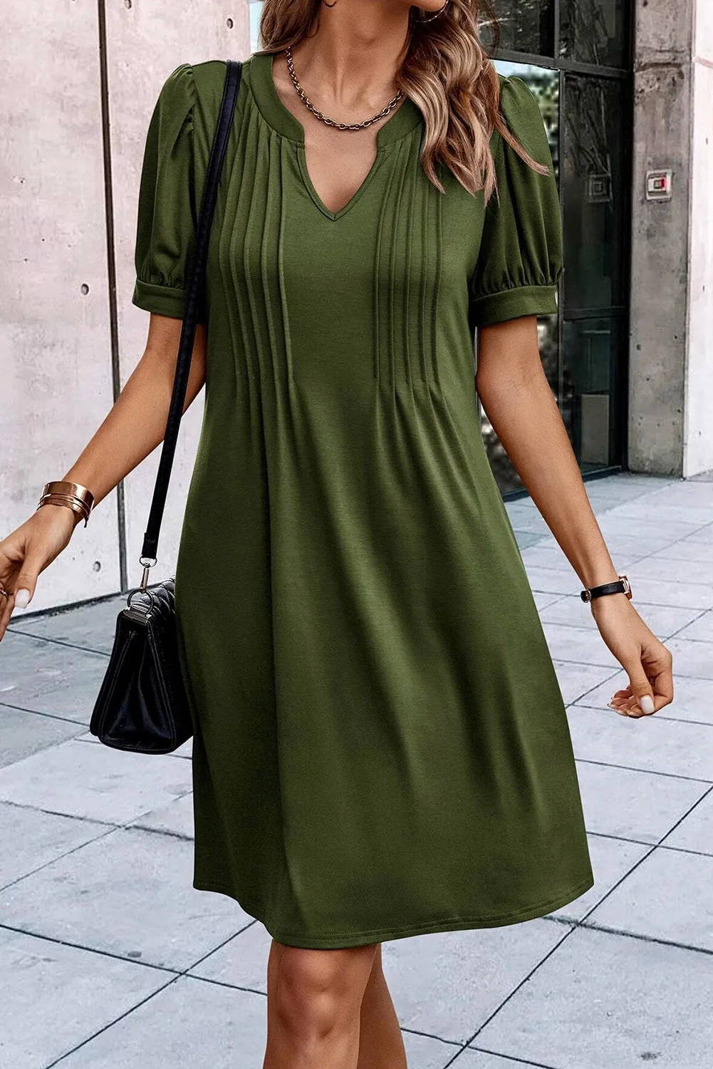 Pleated Puff Sleeve Dress with Notched Neckline