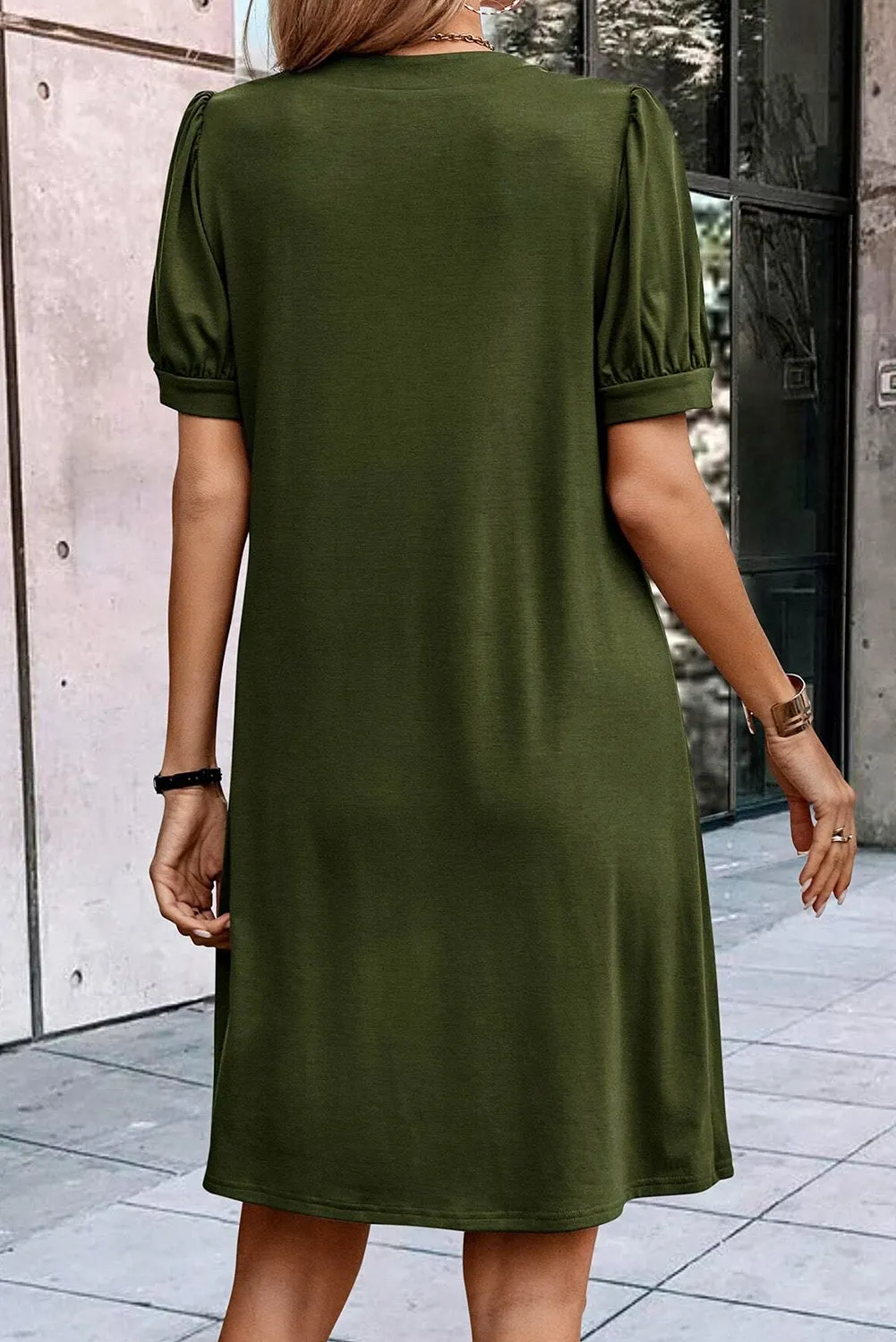 Pleated Puff Sleeve Dress with Notched Neckline