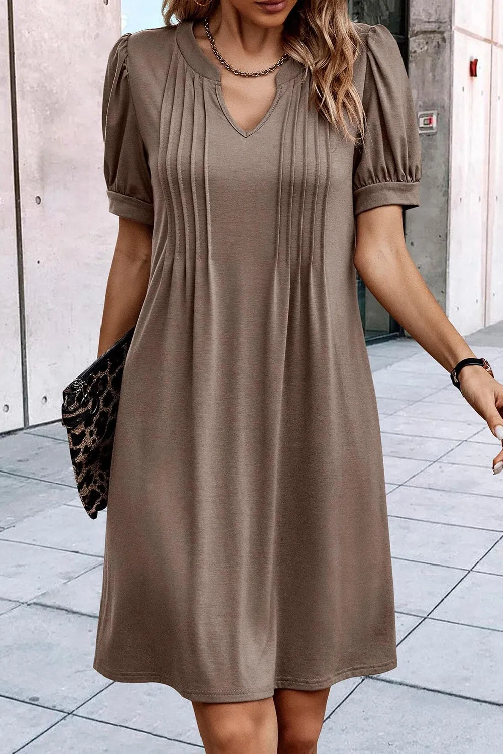 Pleated Puff Sleeve Dress with Notched Neckline