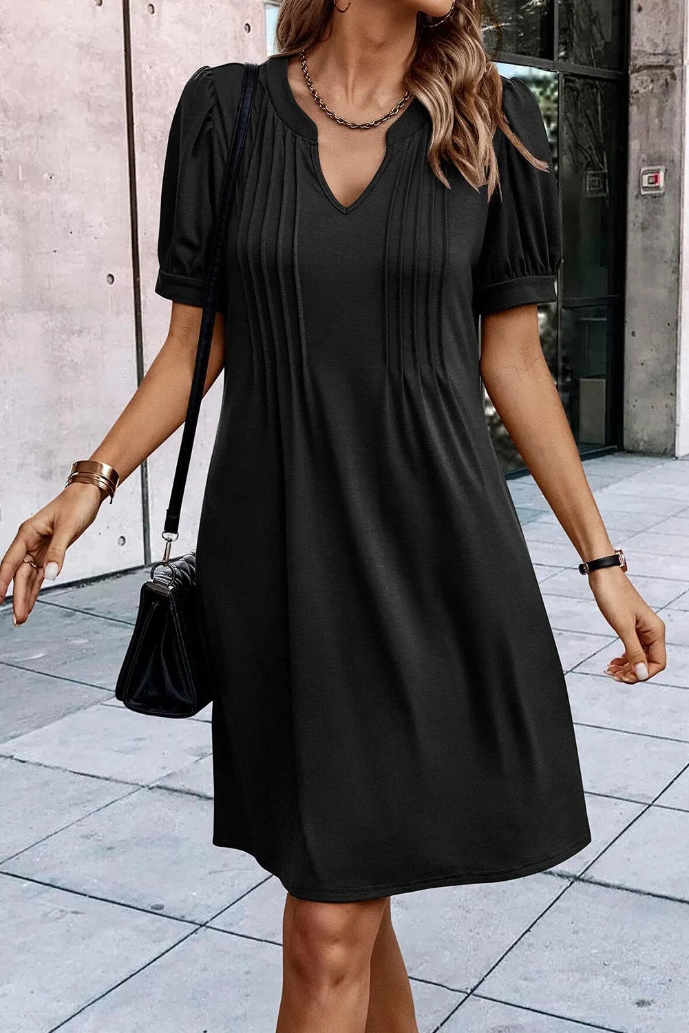 Pleated Puff Sleeve Dress with Notched Neckline