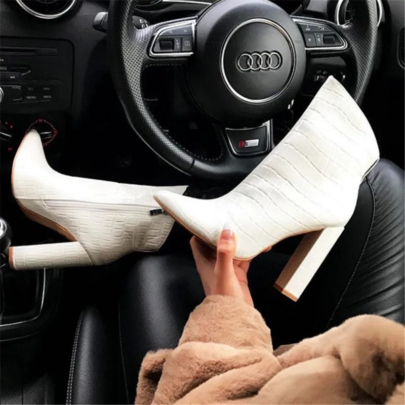 Shoes High Heels Leather White Ankle Boots