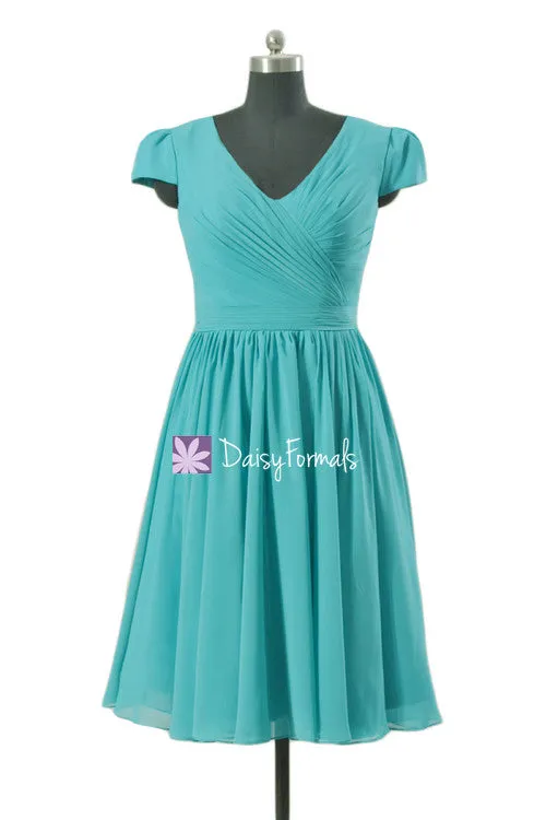 Turquoise Bridesmaids Dress Modest Bridesmaid Dress Party Dress w/cap sleeves (BM5192S)