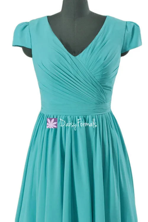 Turquoise Bridesmaids Dress Modest Bridesmaid Dress Party Dress w/cap sleeves (BM5192S)