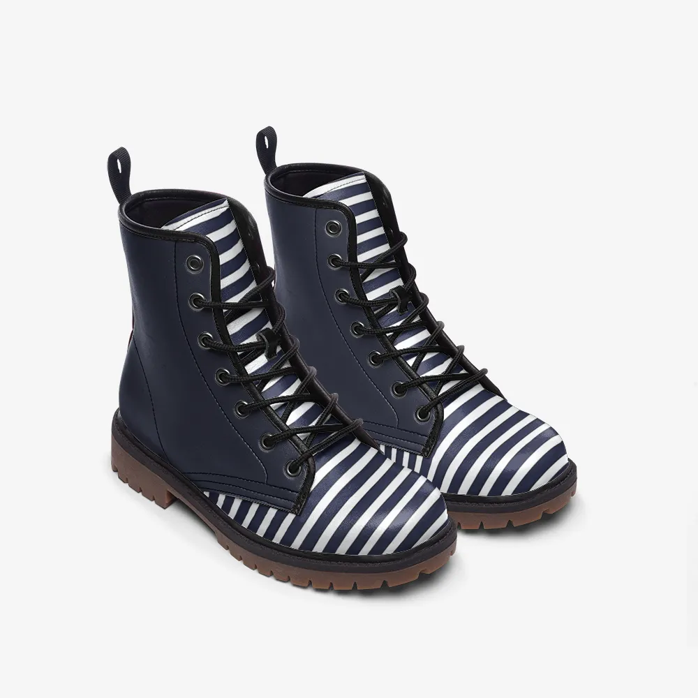 Vampire Art Charcoal Blue & White Stripy Casual Faux Leather Lightweight Boots - US sizes