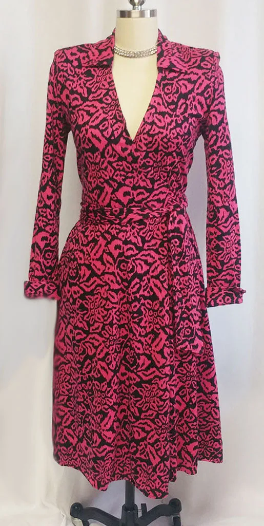 *VINTAGE 1980s DIANE VON FURSTENBERG HOT PINK & BLACK WRAP DRESS