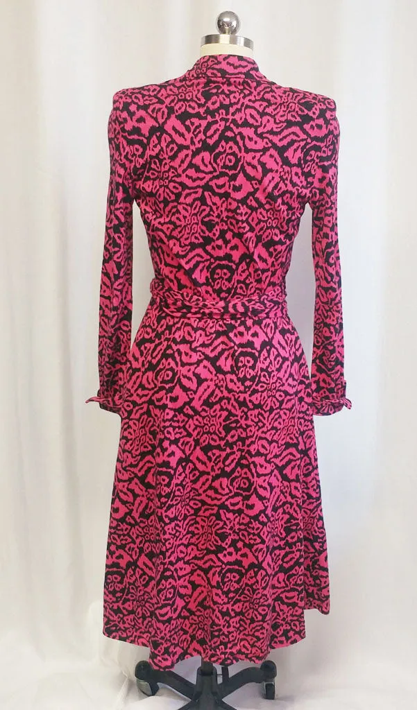 *VINTAGE 1980s DIANE VON FURSTENBERG HOT PINK & BLACK WRAP DRESS